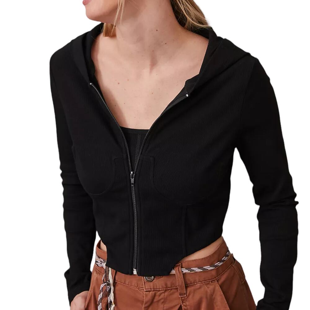 Anthropologie Seamed Hoodie Set Cropped Black NEW XL